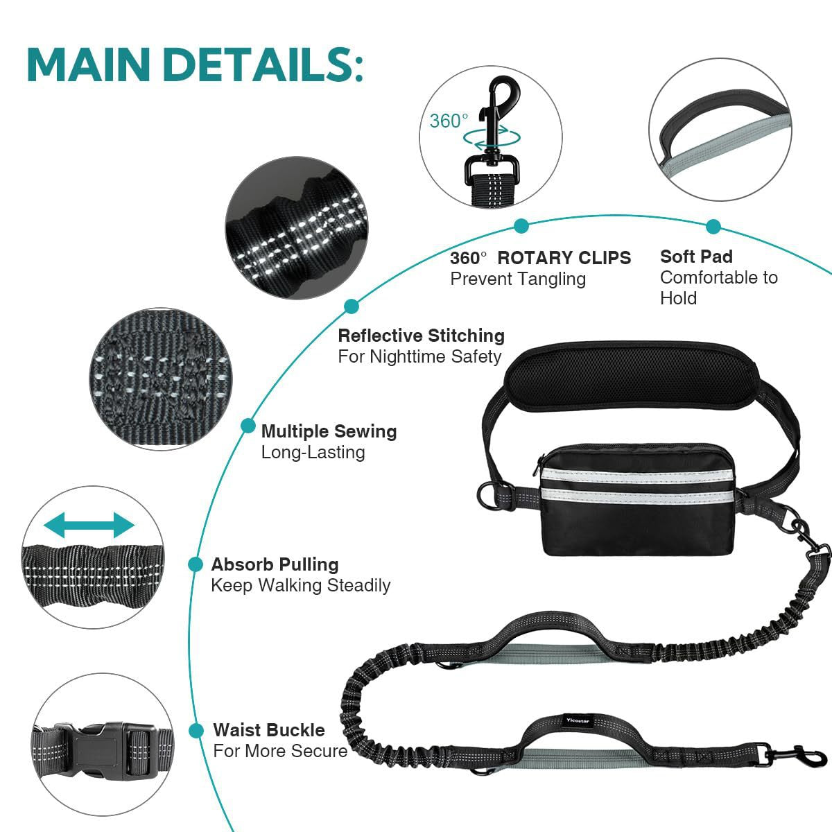 Hands-Free Double Dog Leash with Waist Bag - 2 Dog Bungee | RoamX Pet